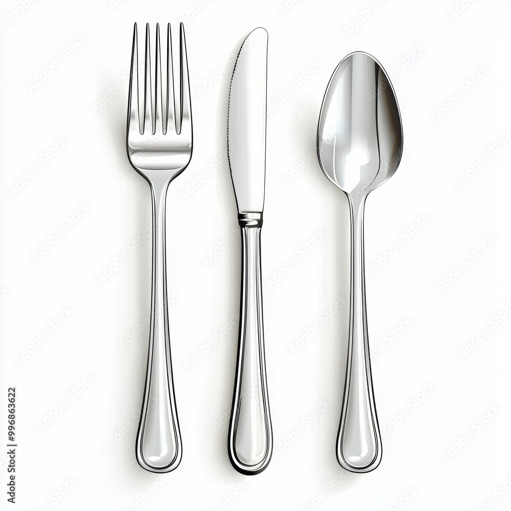 A polished silver spoon and fork set, isolated on a clean white background A polished silver spoon and fork set, isolated on a clean white background