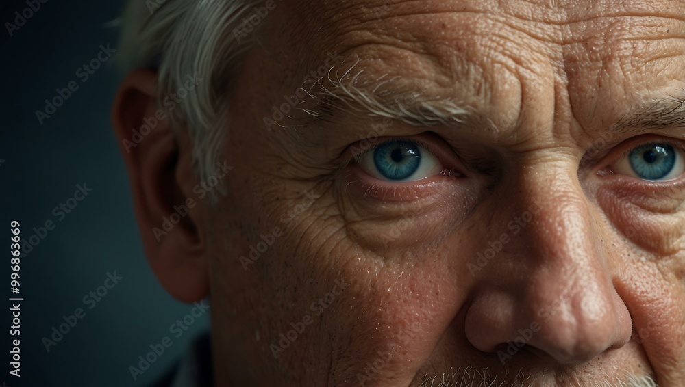 Close-up of an elderly man's face with deep blue eyes and wrinkles. Close-up of an elderly man's face with deep blue eyes and wrinkles.