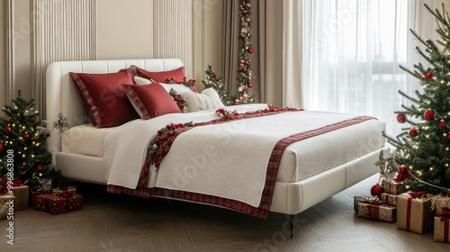 Chic holiday-themed bedroom with modern furniture, featuring a stylish bed frame dressed in festive linens and surrounded by Christmas decorations. photo