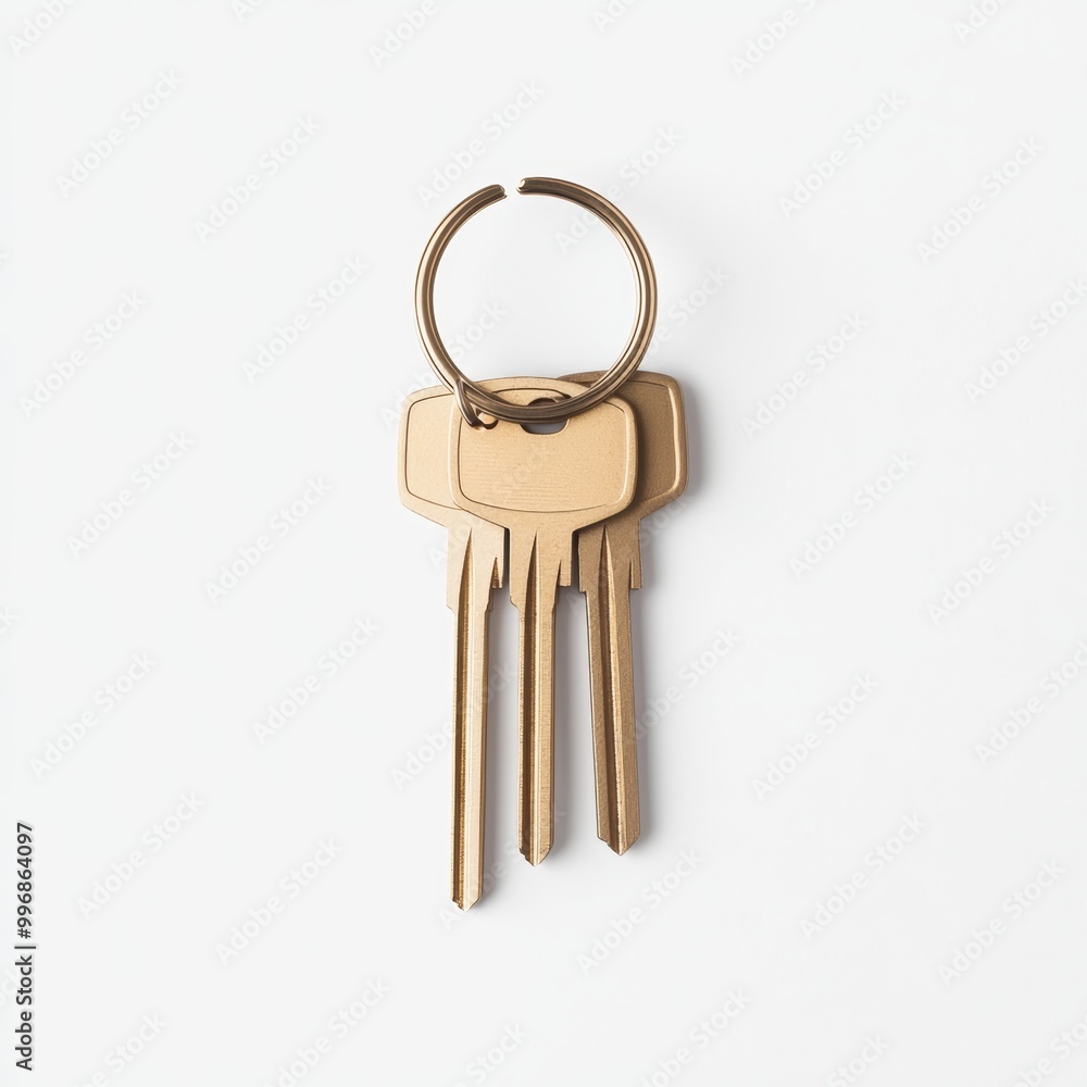 A set of brass keys on a simple ring, displayed against a plain white background