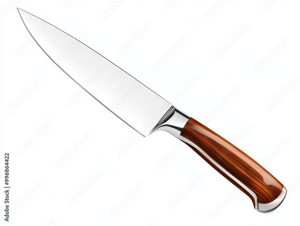 Fototapeta premium A shiny chrome kitchen knife with a wooden handle, isolated on white