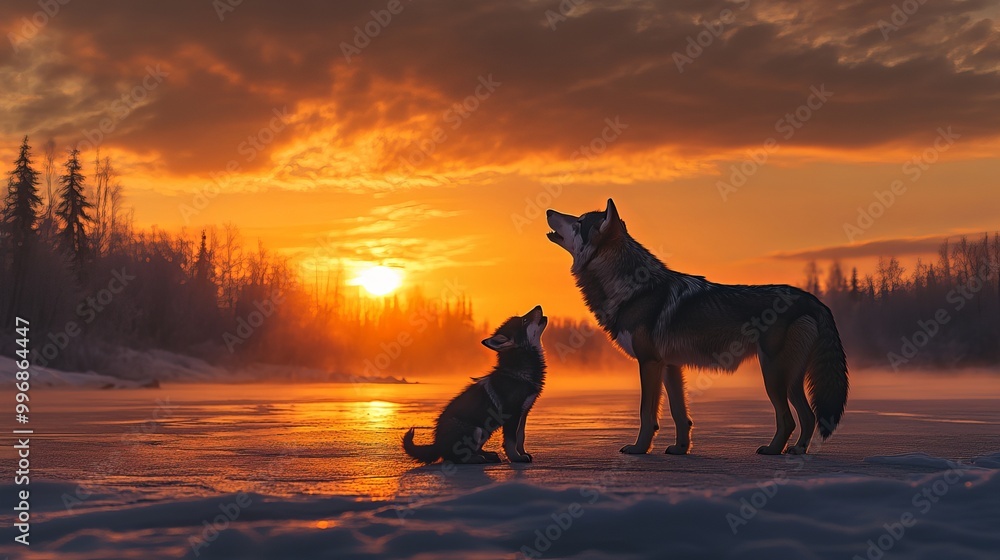 An experienced adult predatory wolf teaches a wolf cub to howl at sunset on the banks of a frozen river on a winter day and the footage of that moment
An experienced adult predatory wolf teaches a wolf cub to howl at sunset on the banks of a frozen river on a winter day and the footage of that moment