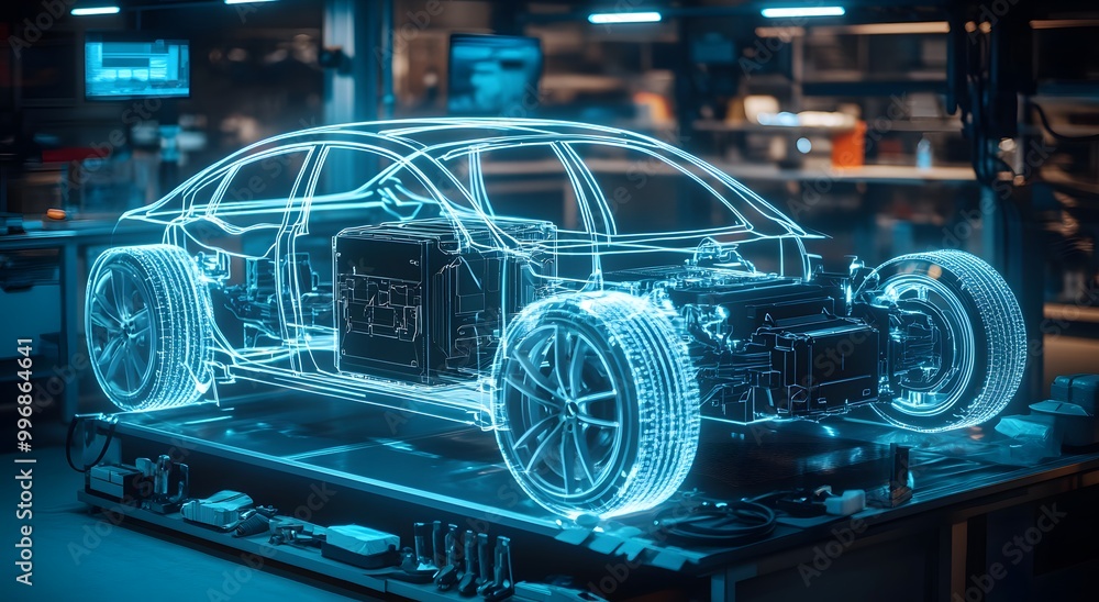 A holographic representation of an electric vehicle's battery and motor, with visible wires connecting to the car body, set against a backdrop of blue neon lights. A holographic representation of an electric vehicle's battery and motor, with visible wires connecting to the car body, set against a backdrop of blue neon lights.