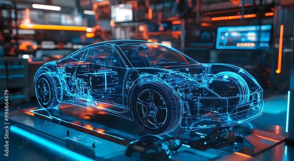 A holographic representation of an electric vehicle's battery and motor, with visible wires connecting to the car body, set against a backdrop of blue neon lights. A holographic representation of an electric vehicle's battery and motor, with visible wires connecting to the car body, set against a backdrop of blue neon lights.