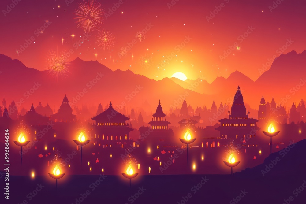 Obraz premium Diwali festival of light. Mountain silhouettes, Indian night landscape