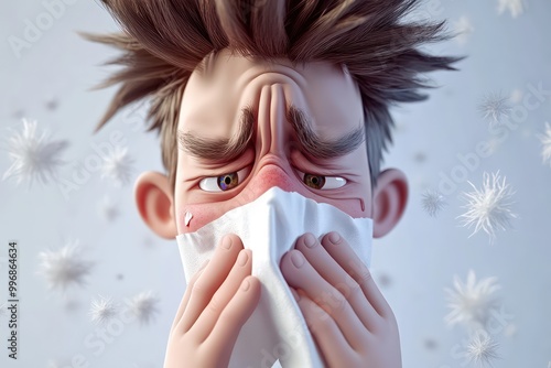 Sick man sneezing into white handkerchief, funny character. Cold, flu or seasonal allergies