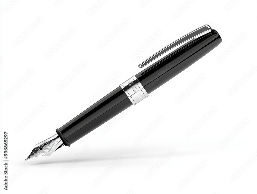 A sleek black fountain pen with silver accents, isolated on white A sleek black fountain pen with silver accents, isolated on white