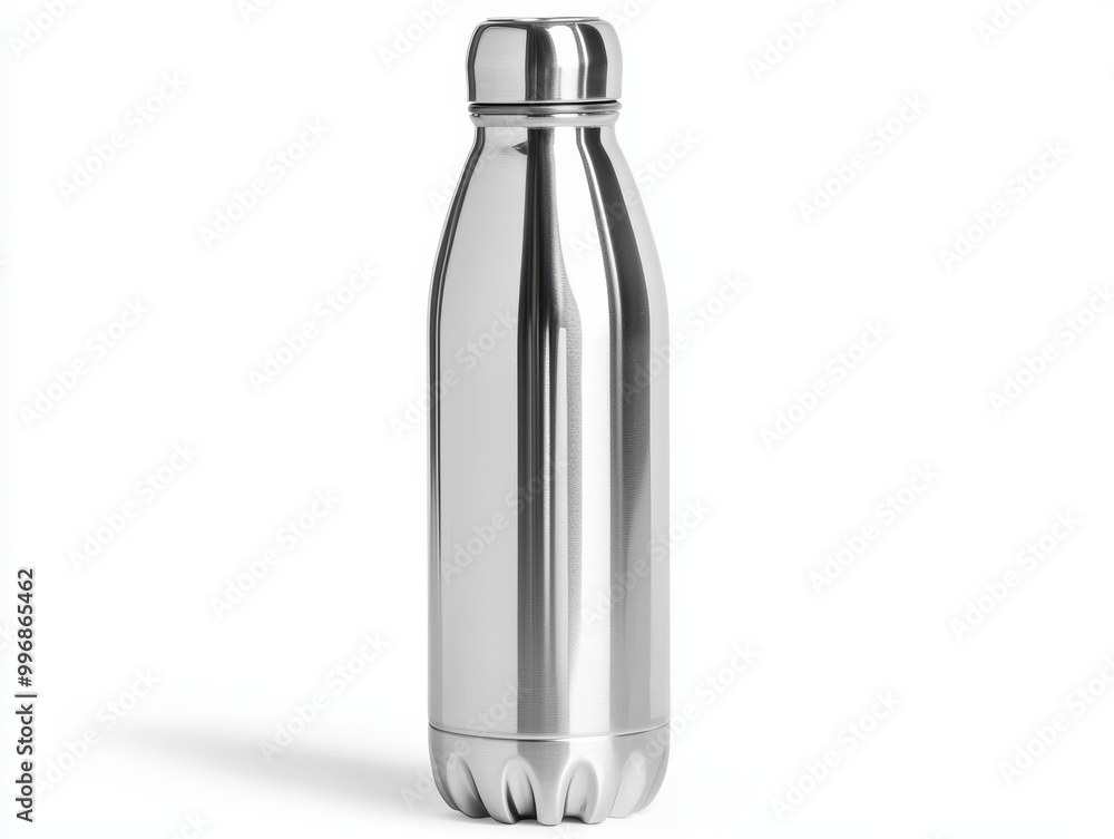 A sleek modern water bottle made of stainless steel, isolated on white A sleek modern water bottle made of stainless steel, isolated on white