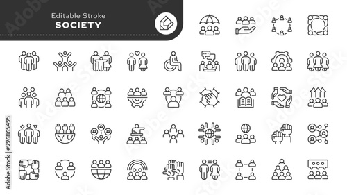 Society line icon set. Social group, people, communication, human community, interaction, unification and other. Outline icon in linear style. Vector collection.