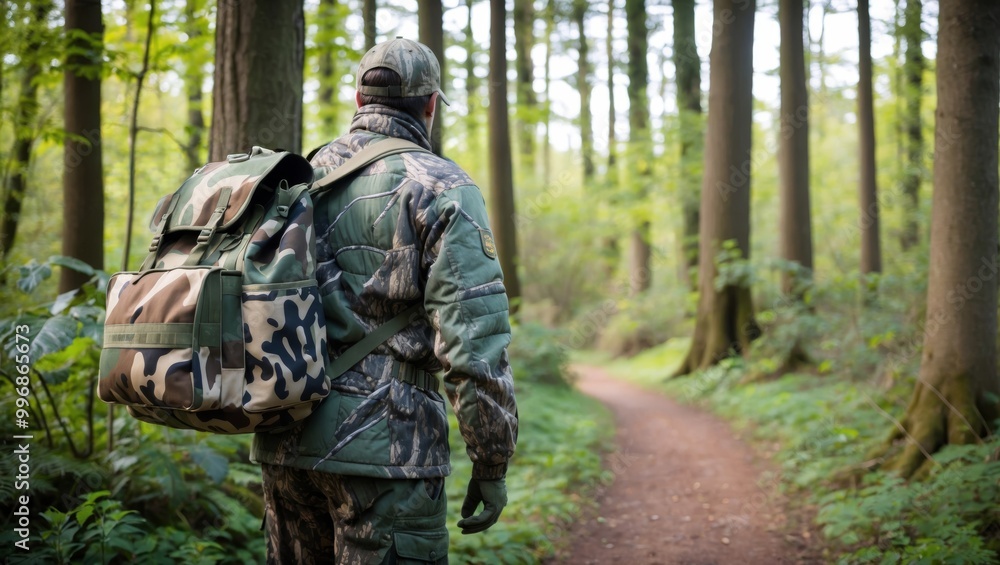 Hiker in camouflage gear in forest trail Hiker in camouflage gear in forest trail