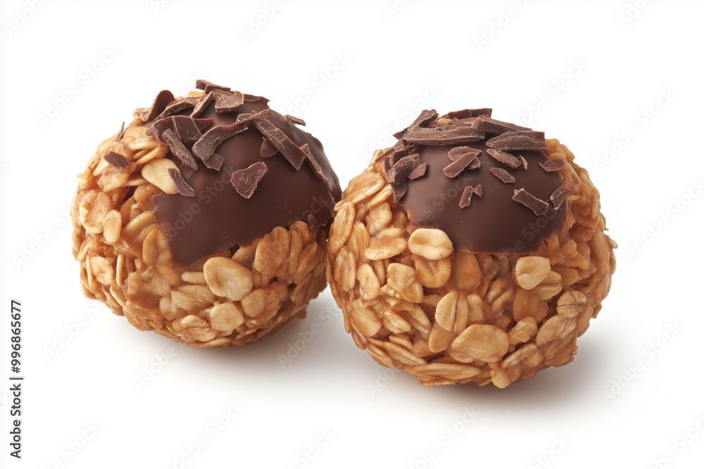 Two oat energy balls topped with chocolate shavings, placed on a plain white background Two oat energy balls topped with chocolate shavings, placed on a plain white background