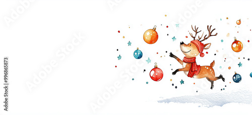 Niedliches Rentier mit Weihnachtskugeln - Aquarellillustration im Bannerformat und Textfreiraum photo