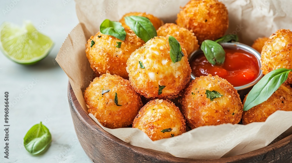 Close-up of delicious fried sweet balls, sweet sauce and lemon on light background Close-up of delicious fried sweet balls, sweet sauce and lemon on light background