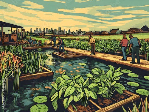 Renewable energy powered aquaponic farm nourishing a self sufficient urban community with diverse residents tending to the thriving aquatic and plant life in an earthy linocut inspired setting photo