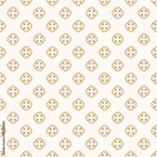 Simple minimal golden seamless pattern. Abstract floral geometric texture. Gold and white ornament with small flower silhouettes, leaves, curved shapes, circles, dots. Minimalist repeated background
