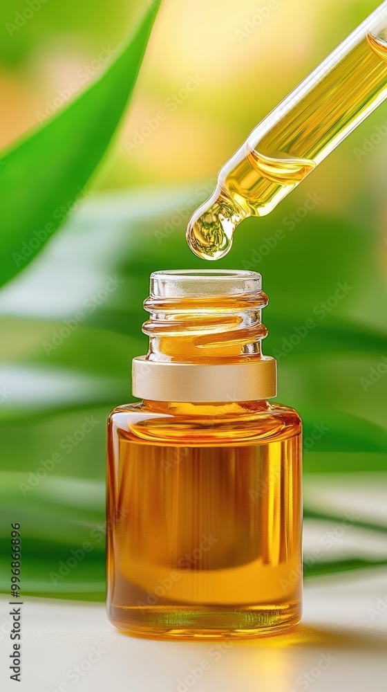 Essential oil dropper on green background Essential oil dropper on green background