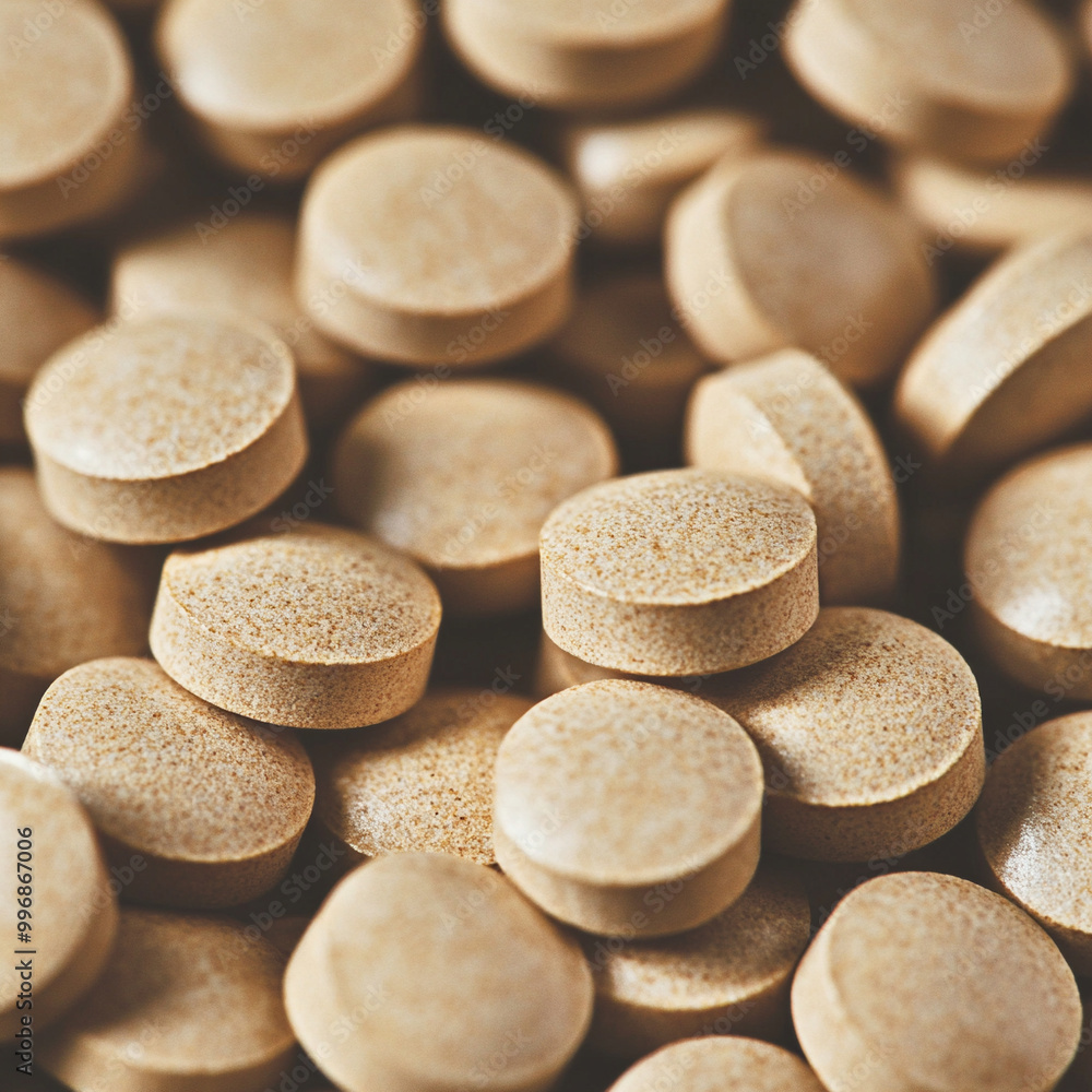 Close shot of heap of beige round pills of iron bisglycinate dietary supplement Close shot of heap of beige round pills of iron bisglycinate dietary supplement