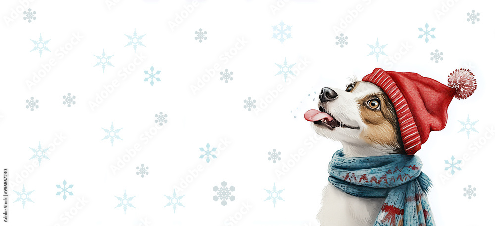 Beagle in Winterkleidung, mit Zunge raus und blauem Schal - Illustration im Bannerformat mit Textfreiraum