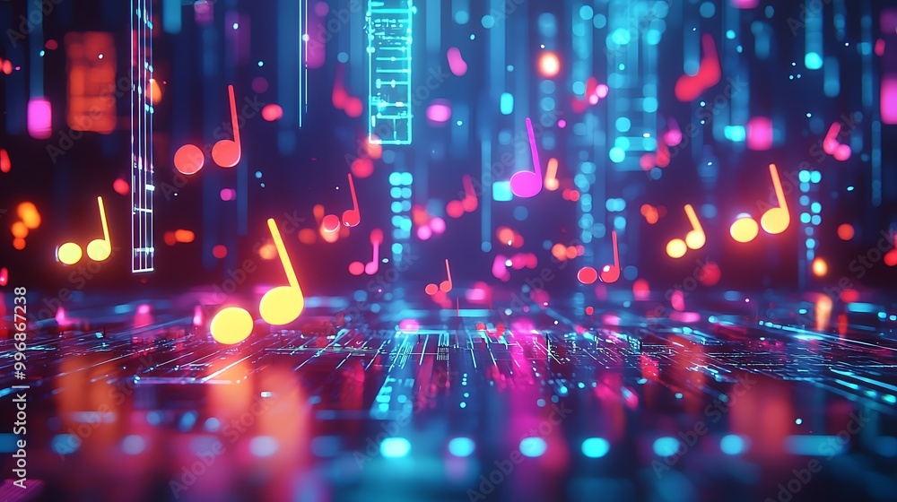 Neon music notes float across an abstract background, pulsing with rhythm and light. Neon music notes float across an abstract background, pulsing with rhythm and light.