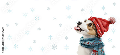 Obraz na płótnie Beagle in Winterkleidung, mit Zunge raus und blauem Schal - Illustration im Bannerformat mit Textfreiraum w salonie