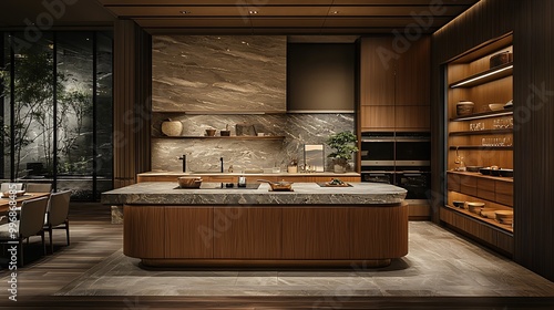 Luxury and warmth combine in a modern kitchen with marble countertops and rich wooden cabinets.