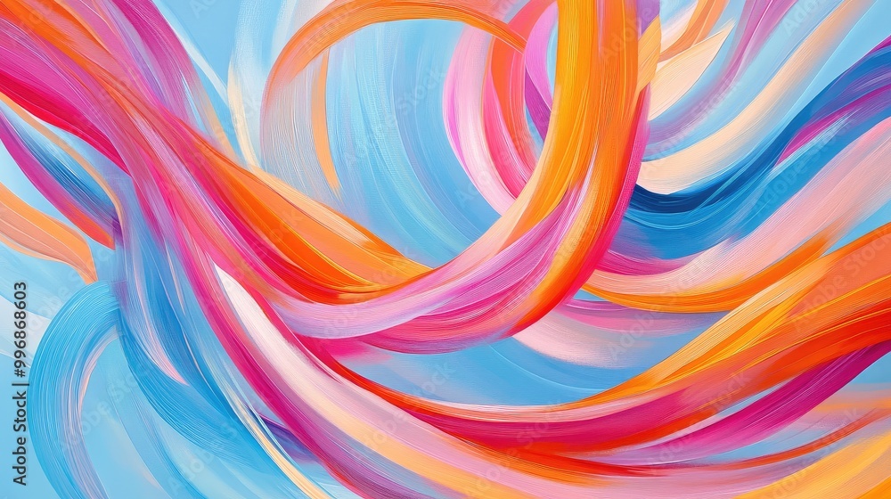 Dynamic ribbons in pink, blue, and orange tones dance across a light blue background in a swirling abstract pattern. No people. Dynamic ribbons in pink, blue, and orange tones dance across a light blue background in a swirling abstract pattern. No people.
