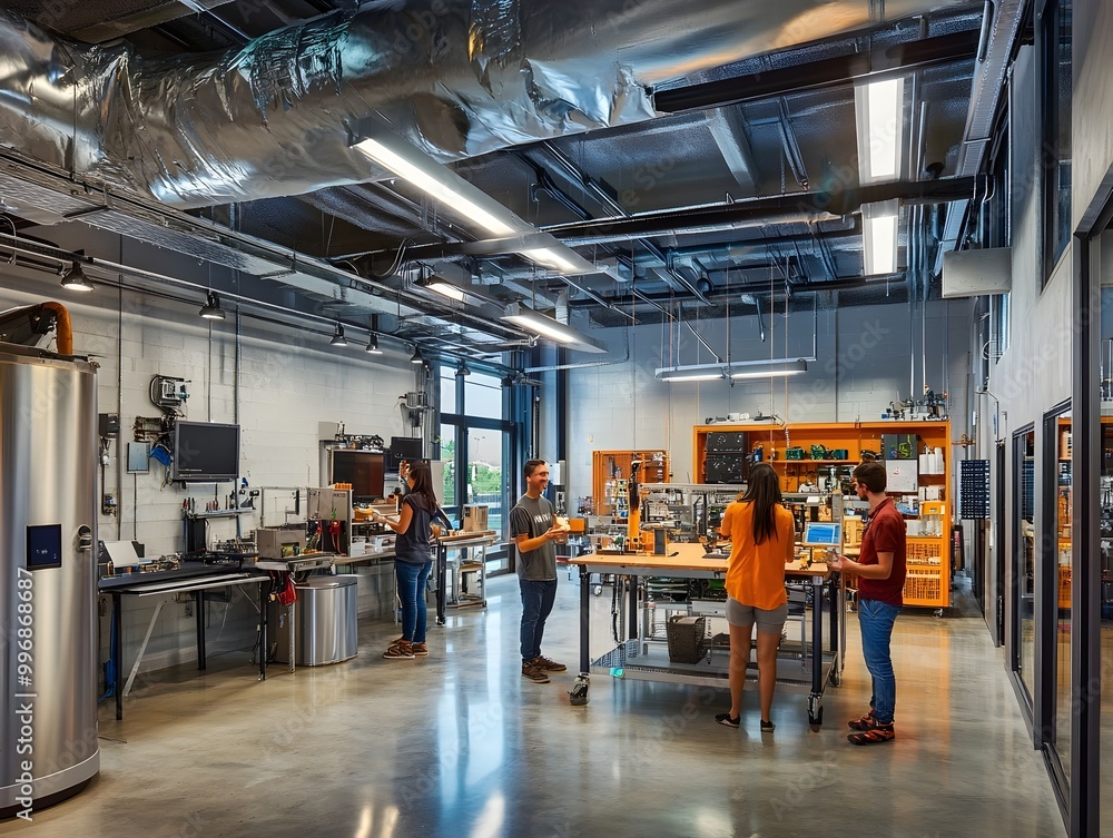 Renewable Energy Powered Maker Space A Bright and Dynamic Interior Setting Where a Diverse Group of Innovators Come Together to Create Sustainable Products Featuring Metallic Accents Renewable Energy Powered Maker Space A Bright and Dynamic Interior Setting Where a Diverse Group of Innovators Come Together to Create Sustainable Products Featuring Metallic Accents