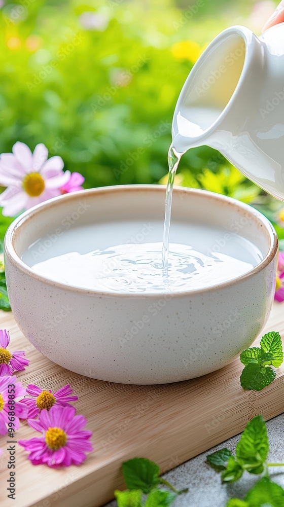 Milk pouring into white bowl with flowers Milk pouring into white bowl with flowers