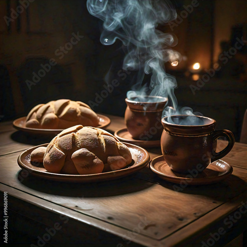 Dos tazas de bebida caliente acompañadas de pan tradicional en un ambiente rústico. photo