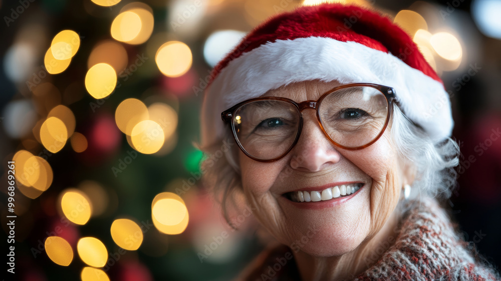 Grandmother in Santa hat with glowing bokeh lights, cheerful senior woman in festive holiday attire, Christmas celebration concept Grandmother in Santa hat with glowing bokeh lights, cheerful senior woman in festive holiday attire, Christmas celebration concept
