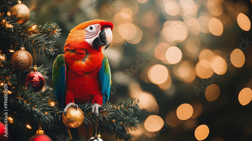 Colorful parrot on Christmas tree adorned with festive lights, sparkling baubles, holiday ambiance, joyful celebration, bright adornments, Christmas cheer, festive season concept photo