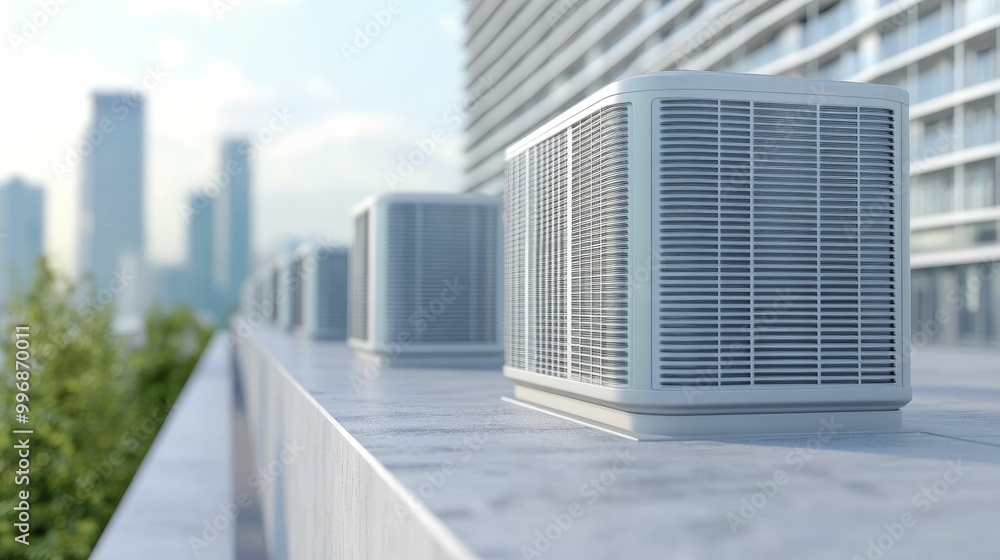 Advanced HVAC Systems, modern HVAC units and ductwork, set against a commercial building background, 3D illustration Advanced HVAC Systems, modern HVAC units and ductwork, set against a commercial building background, 3D illustration