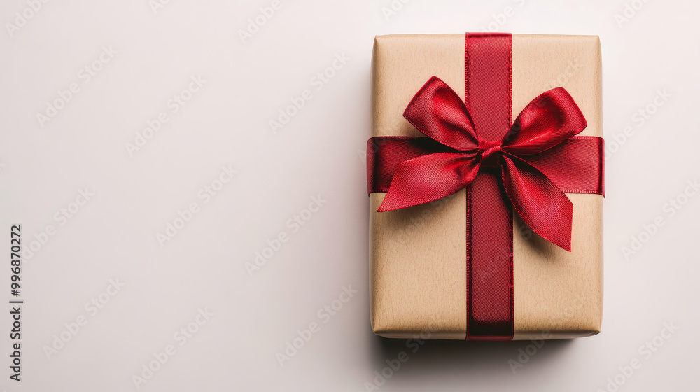 Gift wrapped in brown paper with red ribbon, elegant present, minimalistic style, top view, holiday celebration concept Gift wrapped in brown paper with red ribbon, elegant present, minimalistic style, top view, holiday celebration concept