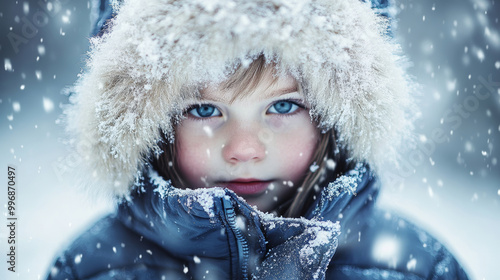 Child in winter coat, snowy landscape, close-up portrait, cold weather, blue eyes, fur hood, snowflakes, wintertime, outdoor scene, childhood adventure, winter season concept