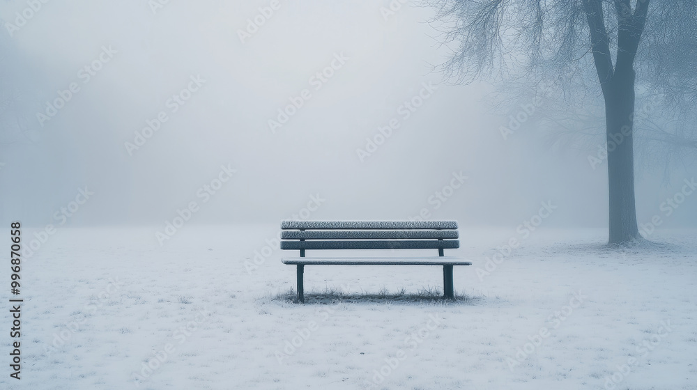 Lonely park bench covered in snow, shrouded in fog on a winter day, serene empty landscape, solitude concept Lonely park bench covered in snow, shrouded in fog on a winter day, serene empty landscape, solitude concept