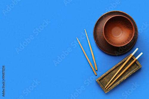 Chinese table setting on blue background