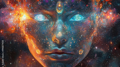 A cosmic face drifts through space, filled with stars and galaxies, a surreal exploration of the universe.