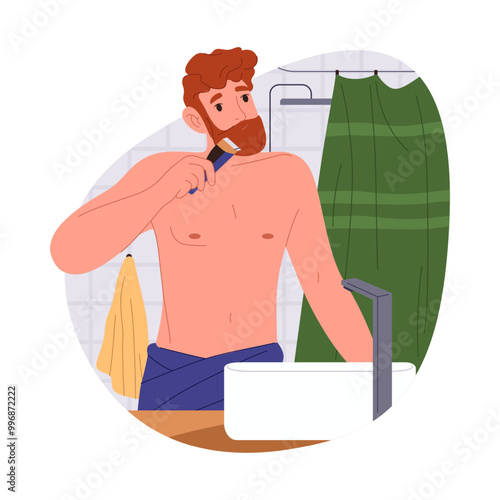 Man trimming beard at bathroom. Vector guy using shaver for hair trim at face. Cartoon person making hygiene routine and facial cosmetic treatment. Shaving and head cleansing at neckline. Bath theme