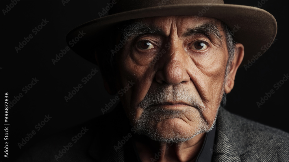 Aged man intense gaze, wearing hat, deep wrinkles, serious expression, dramatic lighting, grayscale portrait Aged man intense gaze, wearing hat, deep wrinkles, serious expression, dramatic lighting, grayscale portrait