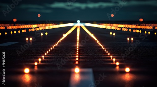 A close-up of airplane landing lights with a clear runway and background for copy.