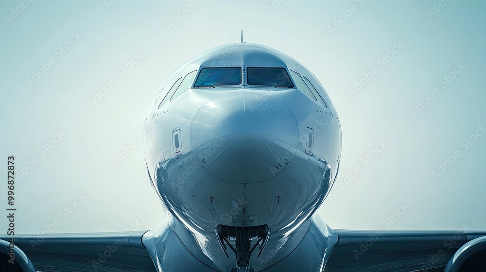 A close-up of an airplane nose with a clean sky or airport background for text. - A close-up of an airplane nose with a clean sky or airport background for text. -