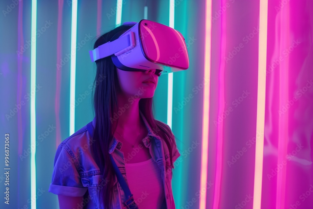 A woman in a virtual reality headset with neon lights around her A woman in a virtual reality headset with neon lights around her
