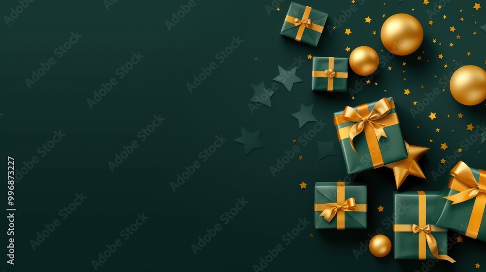 Festive Green and Gold Gift Boxes on Dark Background Festive Green and Gold Gift Boxes on Dark Background