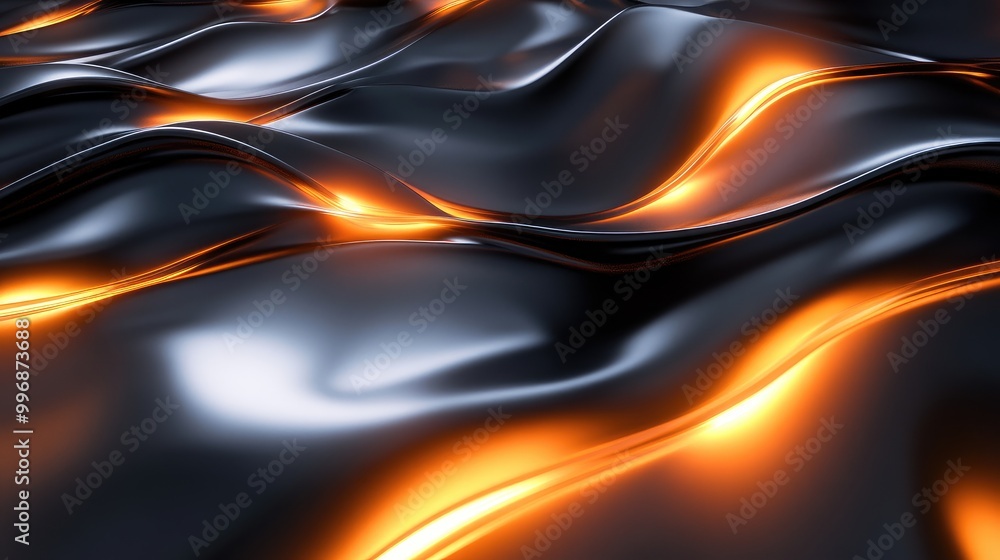 Obraz premium Flowing molten metal-like curves illuminated by glowing light, forming a futuristic abstract landscape. No people, no logo.
