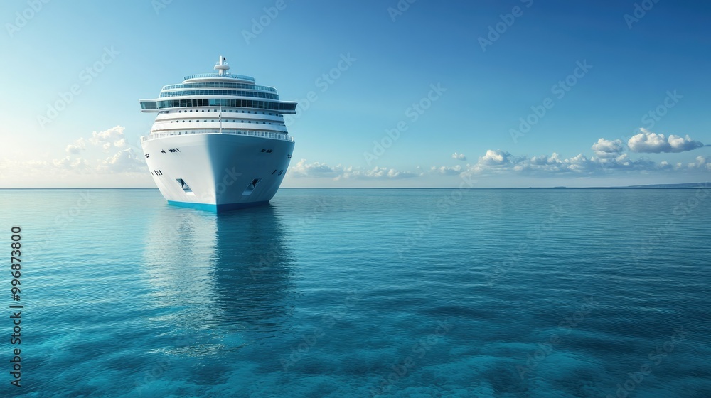 Naklejka premium A cruise ship sailing through calm, turquoise waters, with a clear blue sky providing ample copy space. -