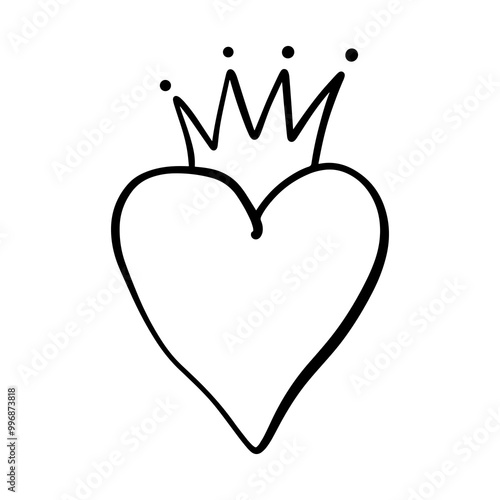 Hand-drawn black isolated royal heart queen or princess with crown. Brush, ink. Decor element. Valentine's day card, pattern element and love symbol. Vector, clip-art.