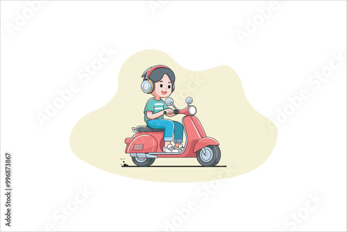 Side view of happy young man riding red scooter listening music using headphone on isolated white background. vector illustration.