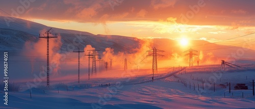 Geothermal Energy Sunrise Over Power Lines