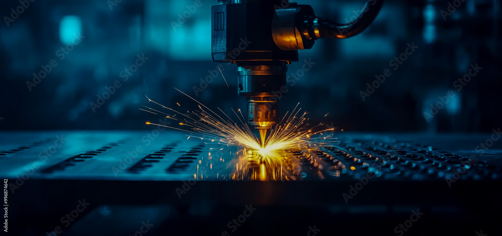 Laser welding machine in action, sparks flying from the laser head to cut a metal plate on a dark background. Laser welding machine in action, sparks flying from the laser head to cut a metal plate on a dark background.