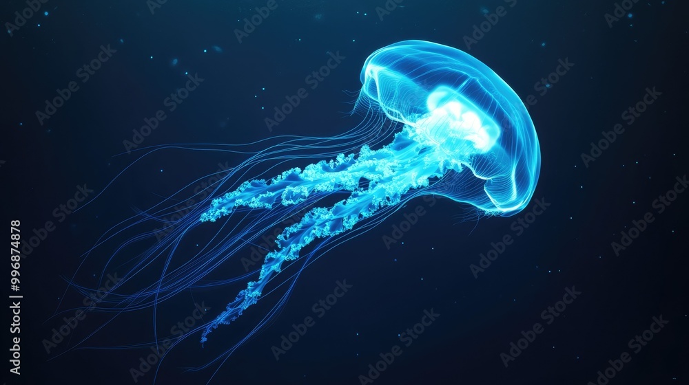 A glowing jellyfish floating in deep blue water, with ample space for text around it. A glowing jellyfish floating in deep blue water, with ample space for text around it.